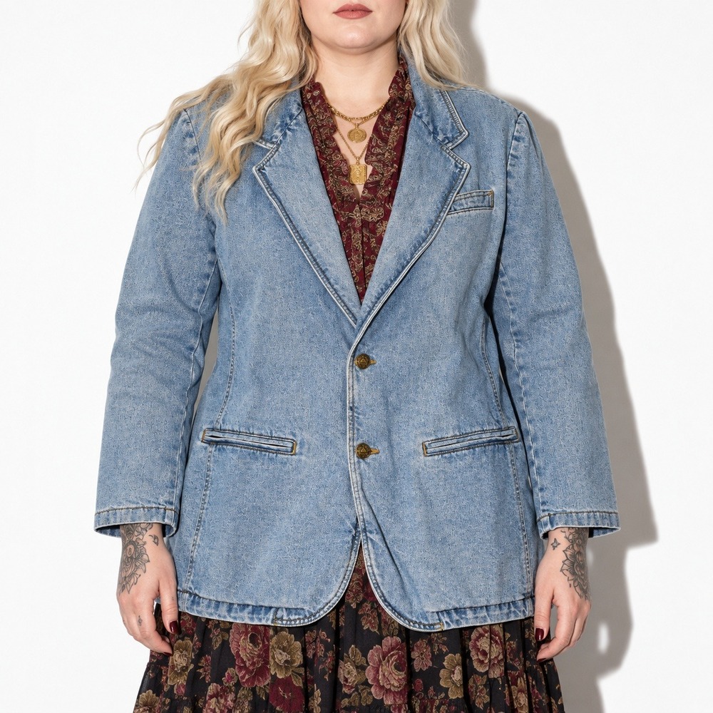 Denim Western Blazer Women 14 Light Stonewash Cotton Vintage 90s Liz Wear Fitted